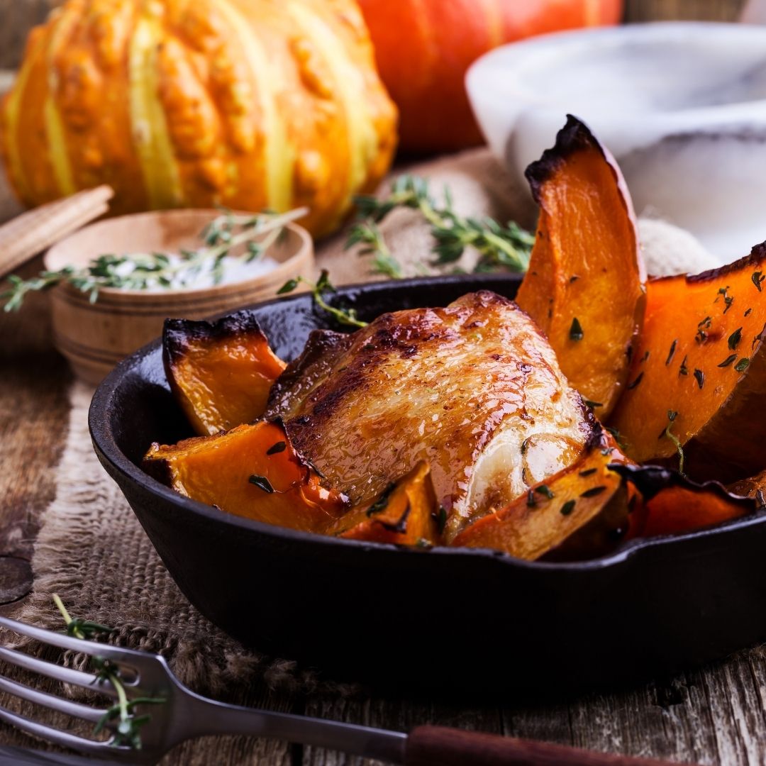 Chicken traybake with roasted butternut squash, chickpeas, kale, sage and pumpkin seeds.